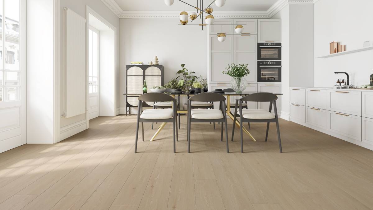 Beach Foam laminate flooring embossed-in-register light oak grain texture close-up - sand tones