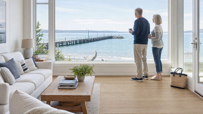 Couple with coffee looking at the White Rock pier from a seaside living room with Beach Foam laminate