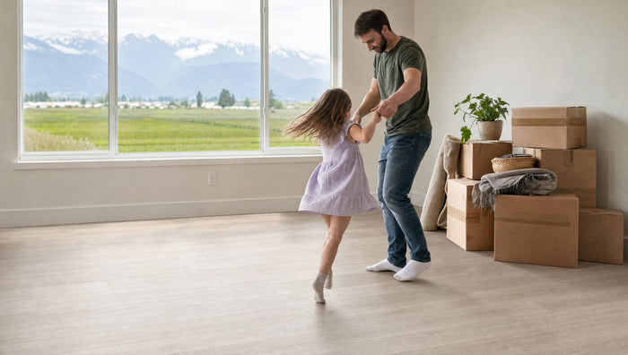 Father and daughter dancing in a new Pitt Meadows home with farmland and mountain views