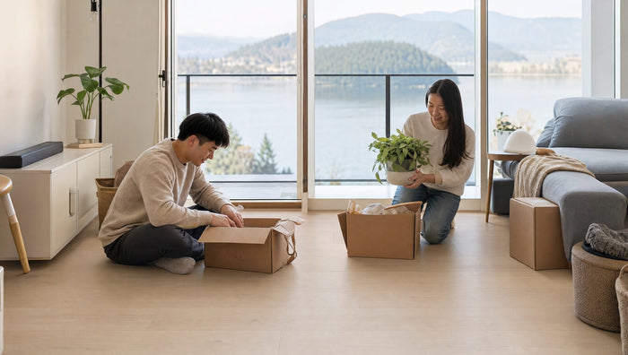 Couple unpacking in a Port Moody condo above Burrard Inlet with Lake Run laminate floors