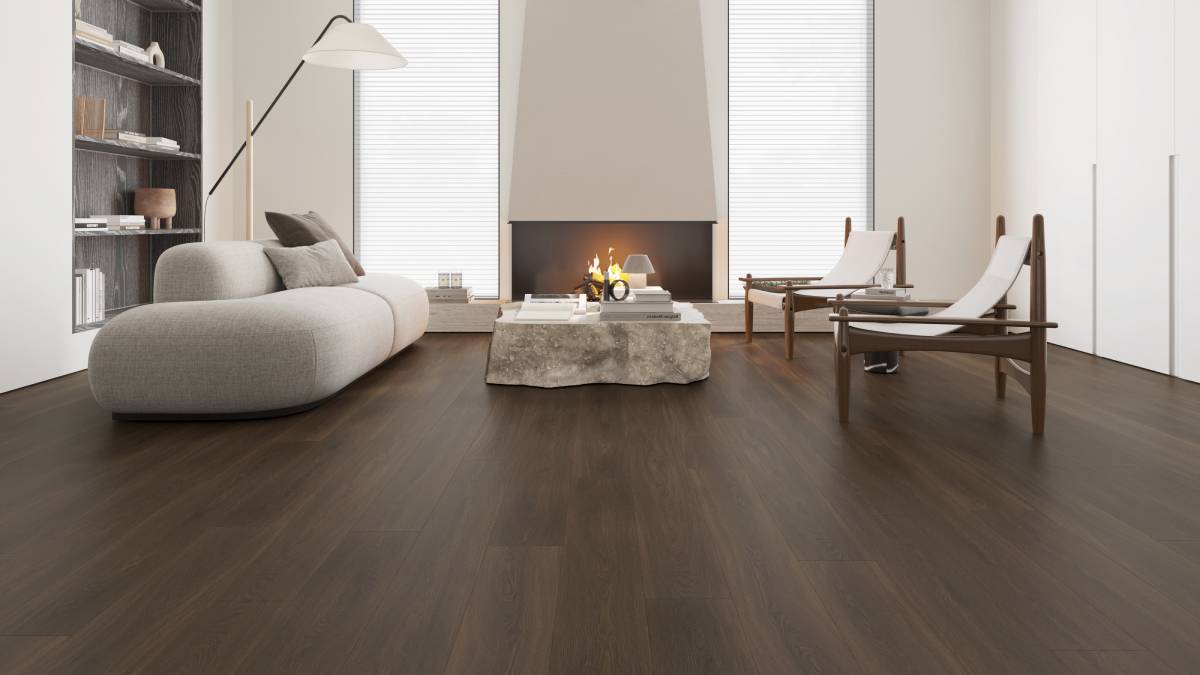 Aging Tree laminate flooring embossed-in-register wood grain texture close-up - dark brown tones