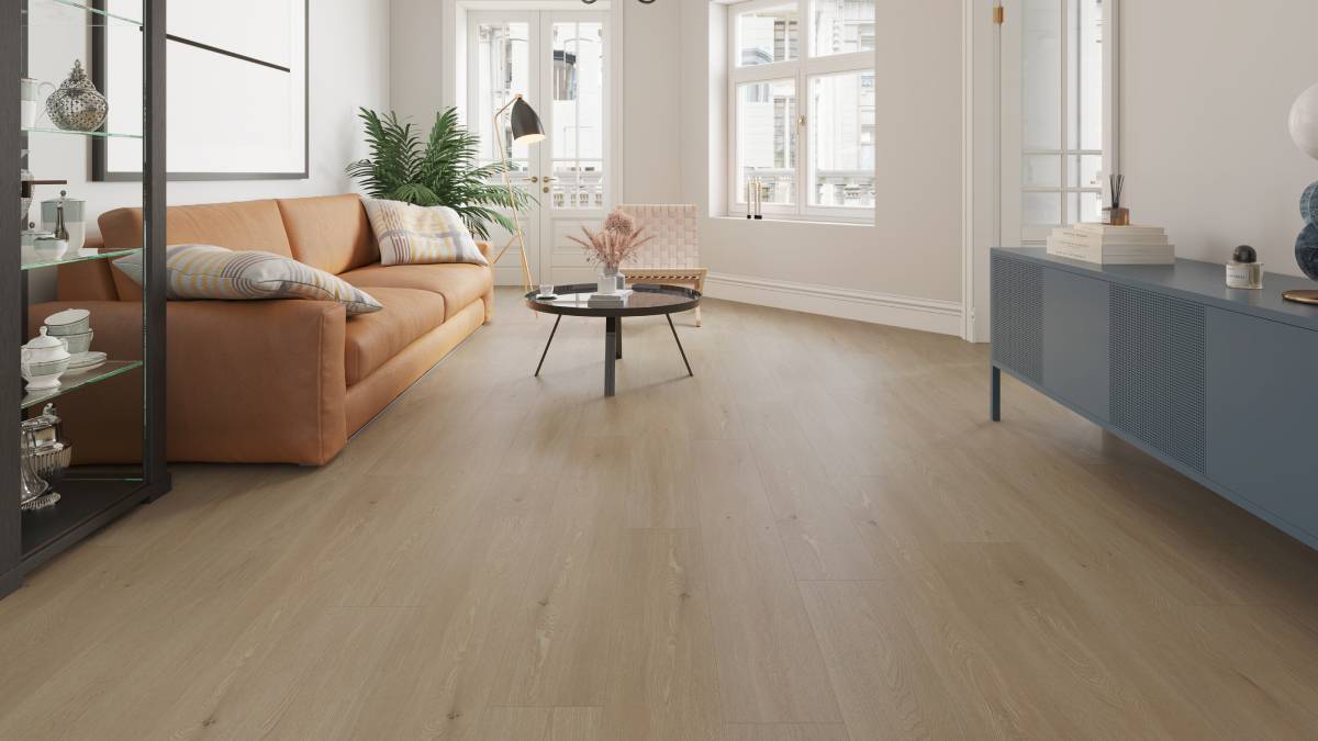 Mossy Stone laminate flooring embossed-in-register grey oak grain texture close-up