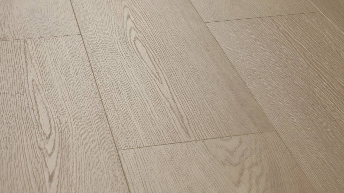 Beach Foam AC5 laminate plank angle view showing 4-sided painted bevel and light grain texture