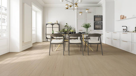 Beach Foam laminate flooring embossed-in-register light oak grain texture close-up - sand tones