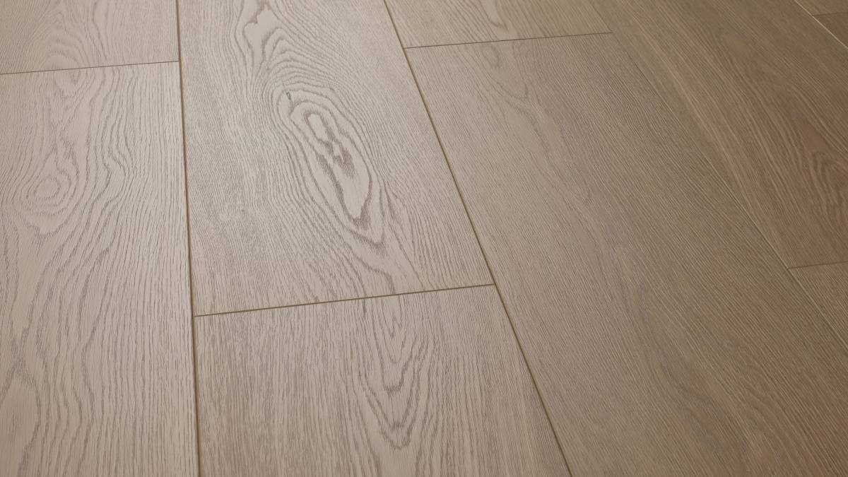 Cherry Bloom AC5 laminate plank angle view showing 4-sided painted bevel and warm cherry grain
